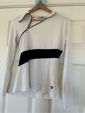 Walter Genuin White Long-Sleeve Zip-Shoulder Golf Top with Black Stripe